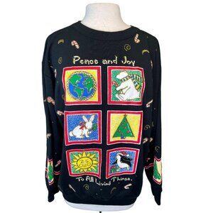 Ugly Christmas Santa Sweatshirt Pull Over Embellished Tiara Intl Tree Peace Joy
